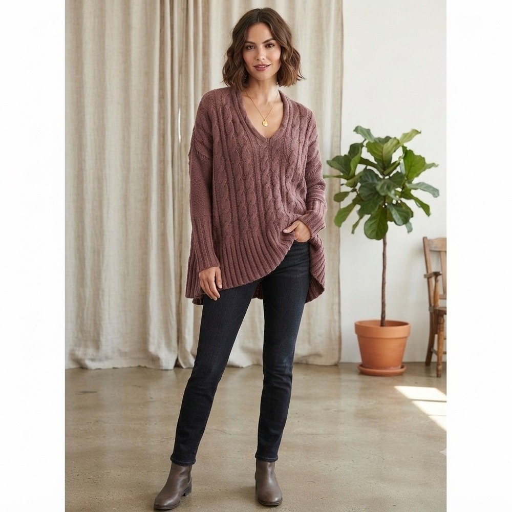 Free People Dusty Rose Cable Knit V Neck Long Sleeve Tunic Sweater XS